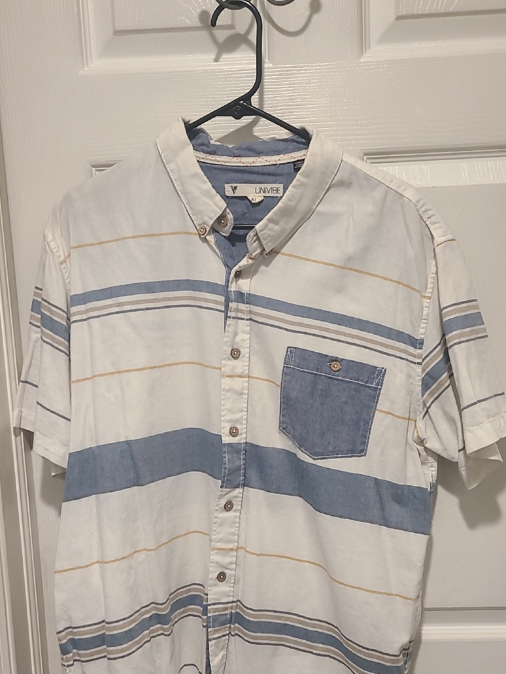 Univibe White Shirt with Blue & Tan Stripes and Blue Chest Pocket